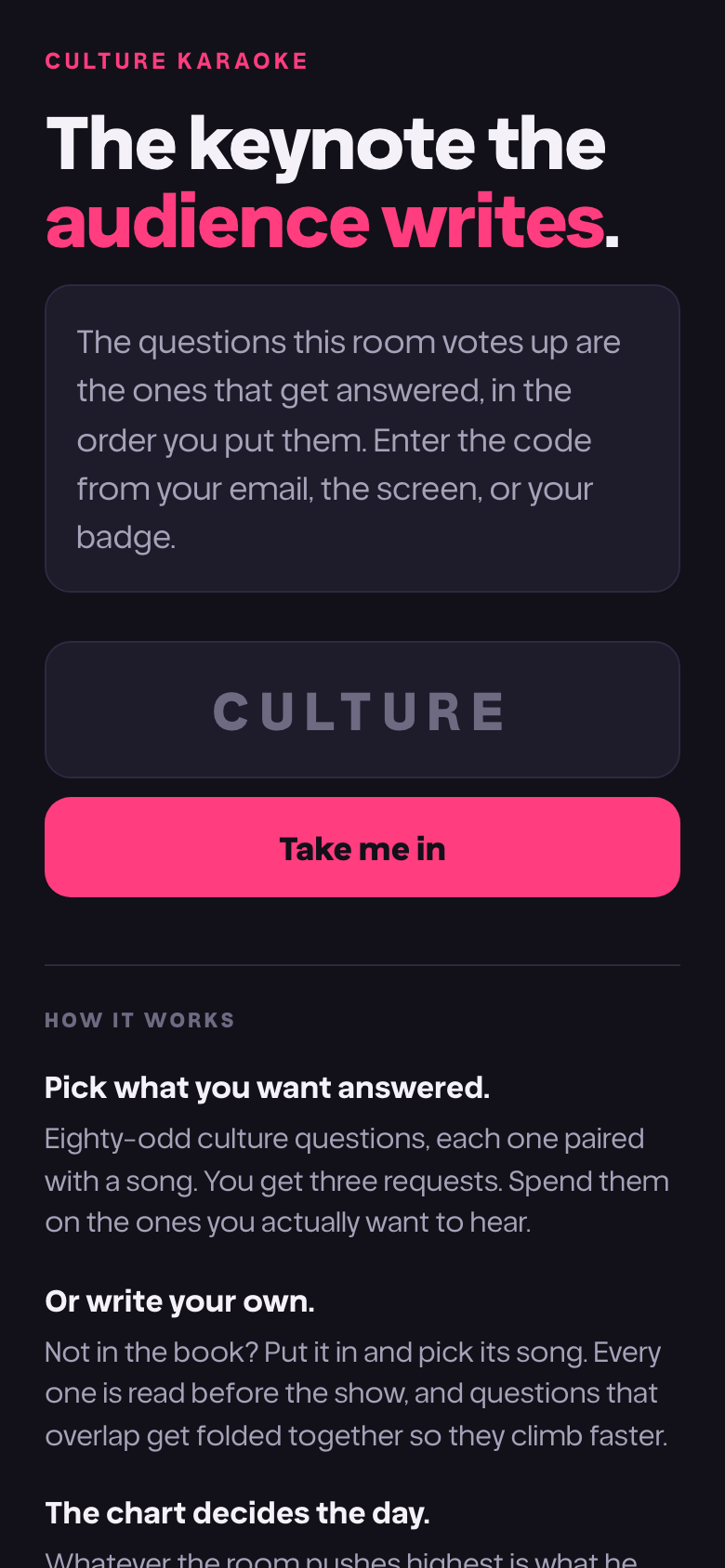 The arrival screen on a phone, with a field for the event code.