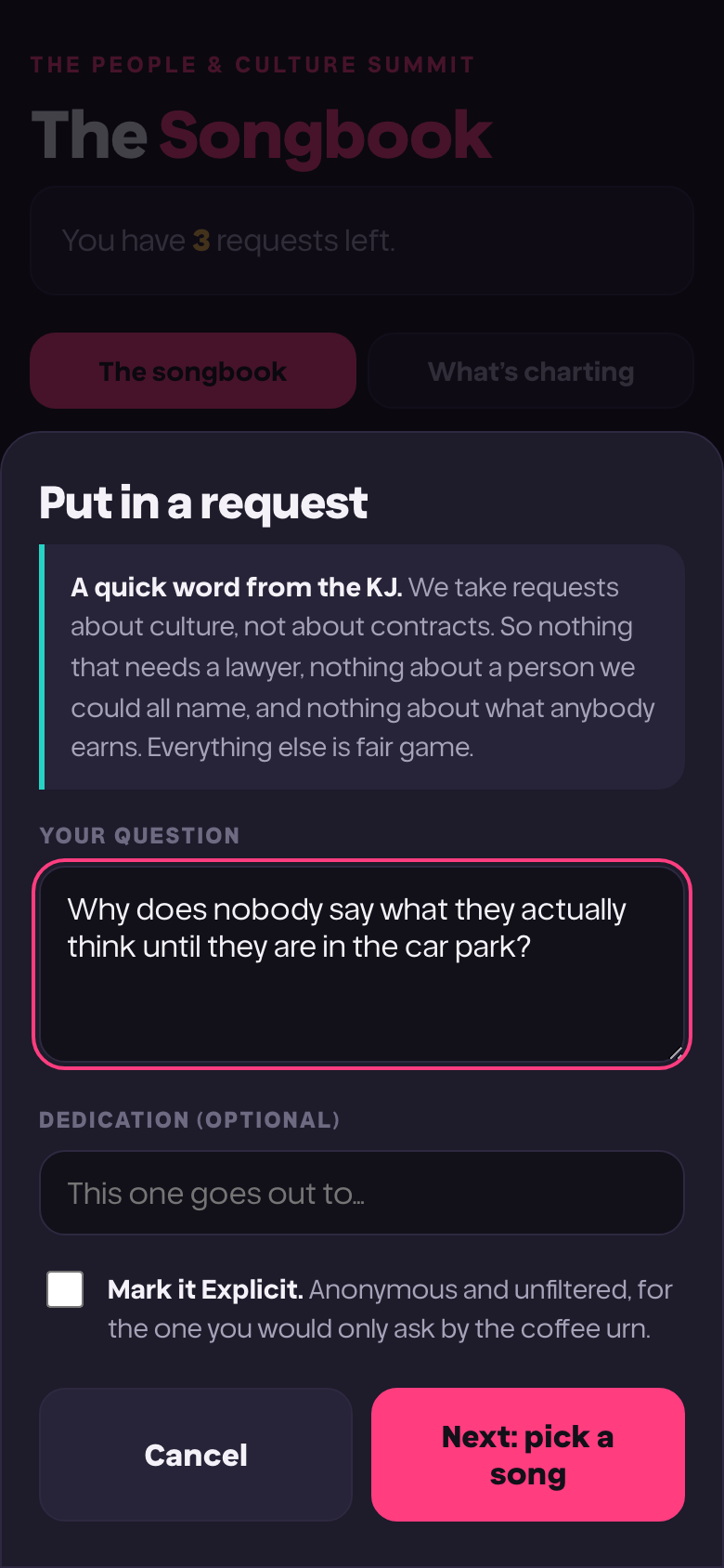 Writing your own question on a phone, with a dedication field and an explicit tick box.